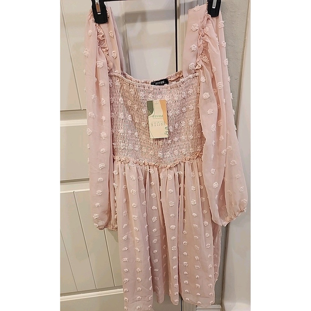 NEW Pink Dotted Long Puff Sleeve Dress Women's Large